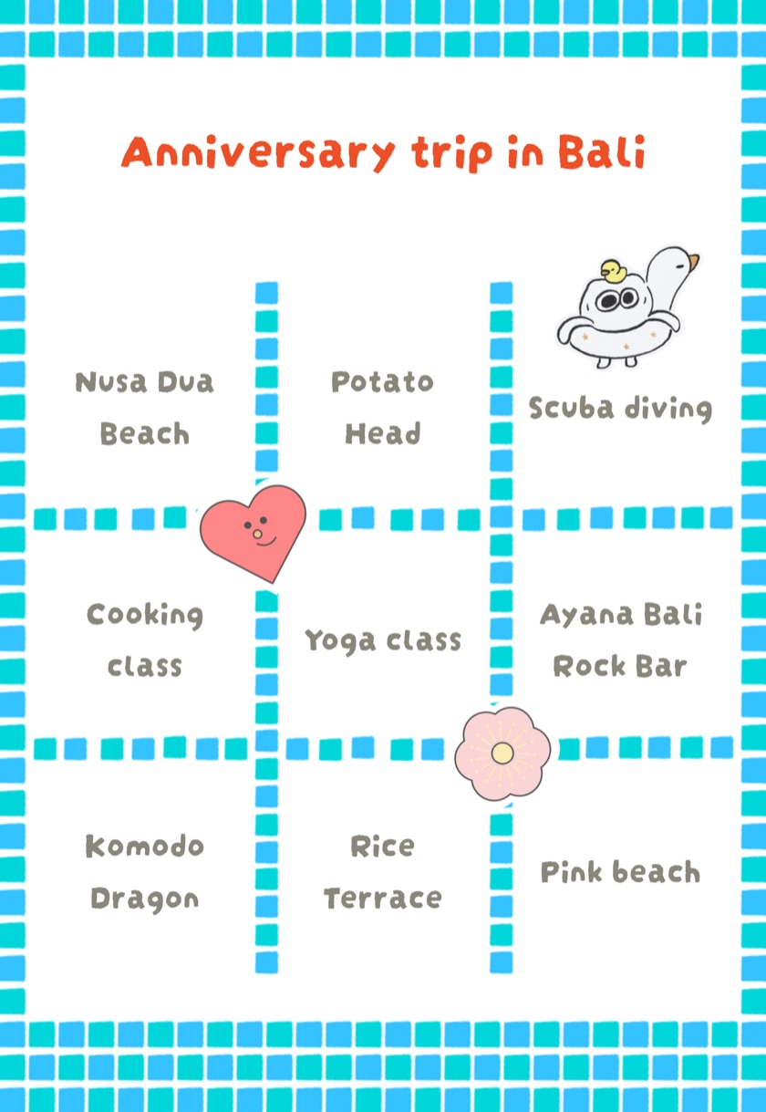 A pinGoal bingo card of trip plans