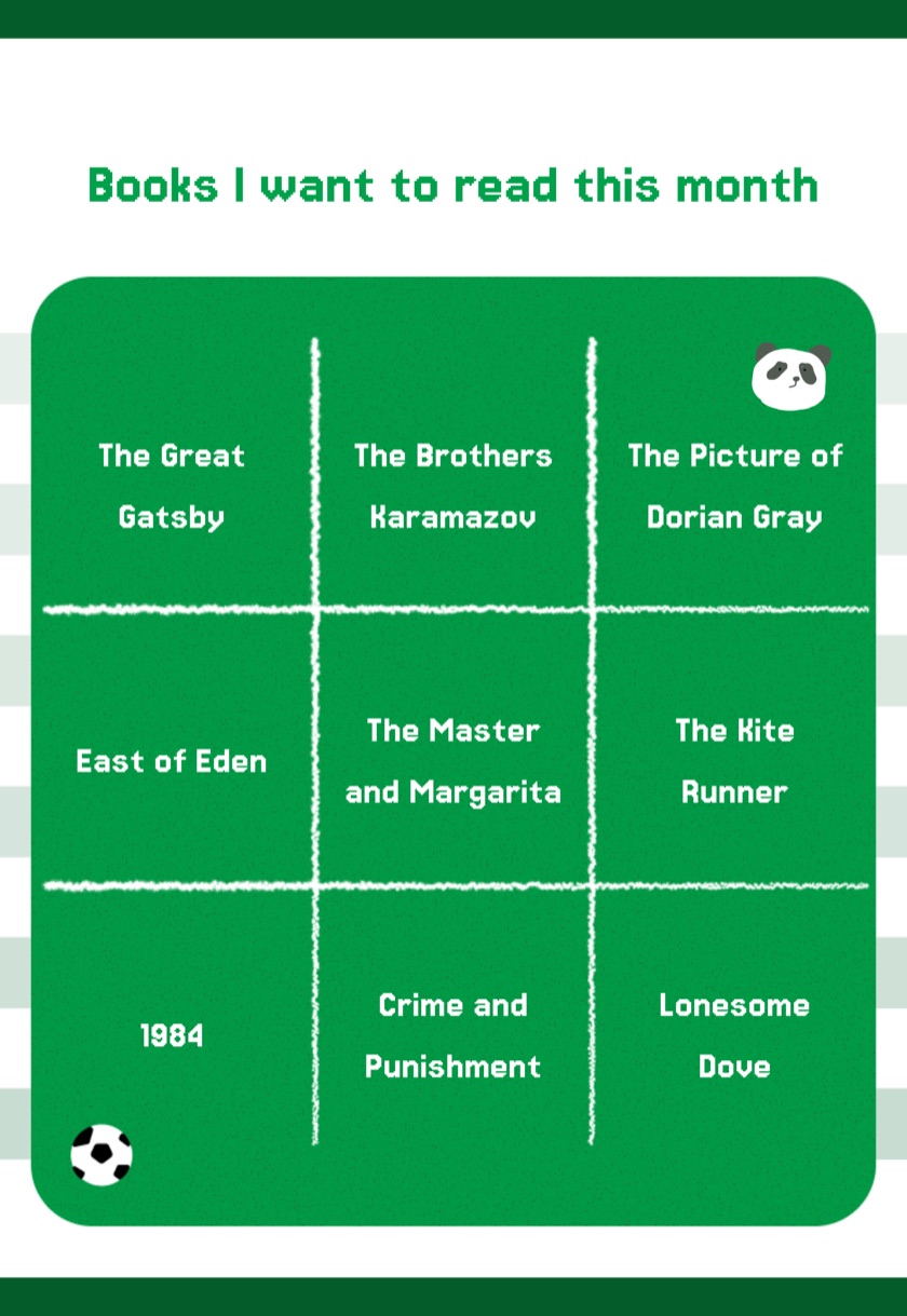 A pinGoal bingo card of books to read